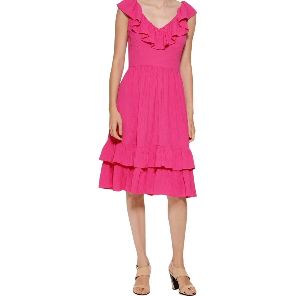 Calvin Klein Ruffle Dress Women Size 4 Pink Tiered Flutter V Neck Fit Flare